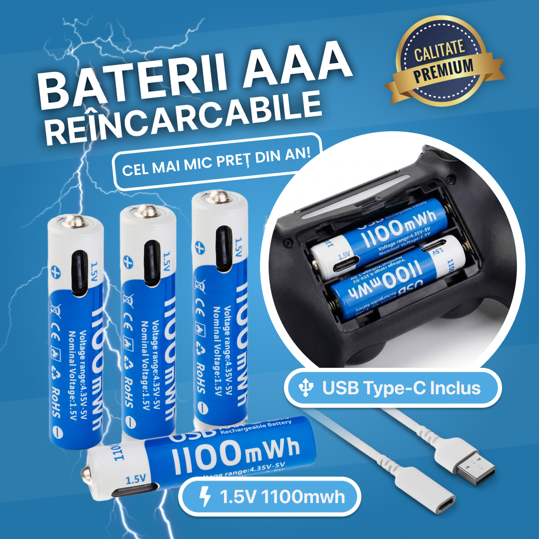 Set 4 Baterii Reîncărcabile AAA – Cablu USB Type-C Inclus